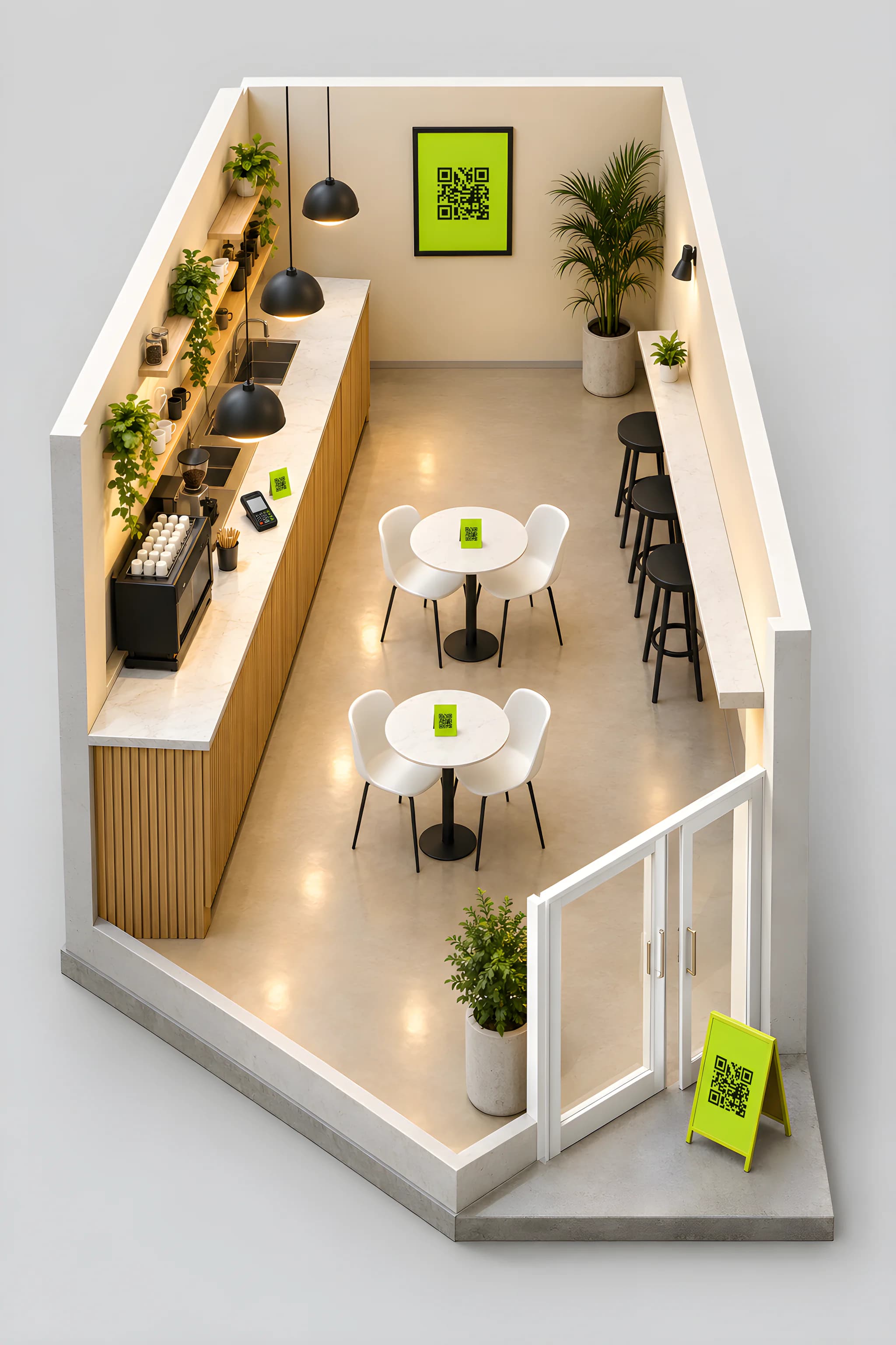 An isometric cutaway of a cafe with a lime QR poster on the wall, QR tents on the counter and tables, and a lime A-frame standee by the door.